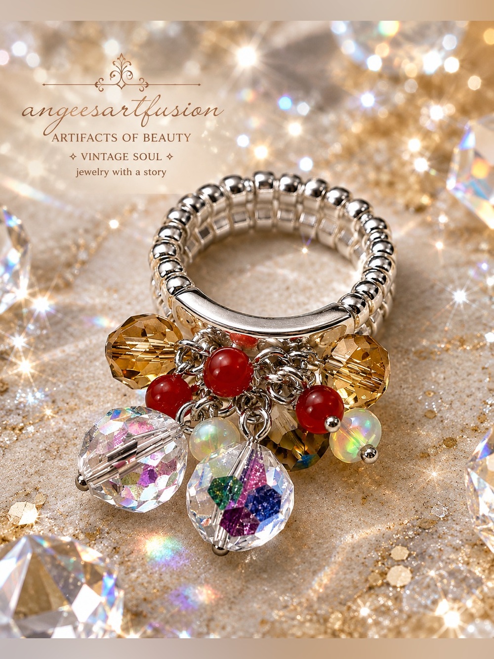 Opal, Ruby, Smoky Glass, and Vintage AB Crystal New Stretch Ring